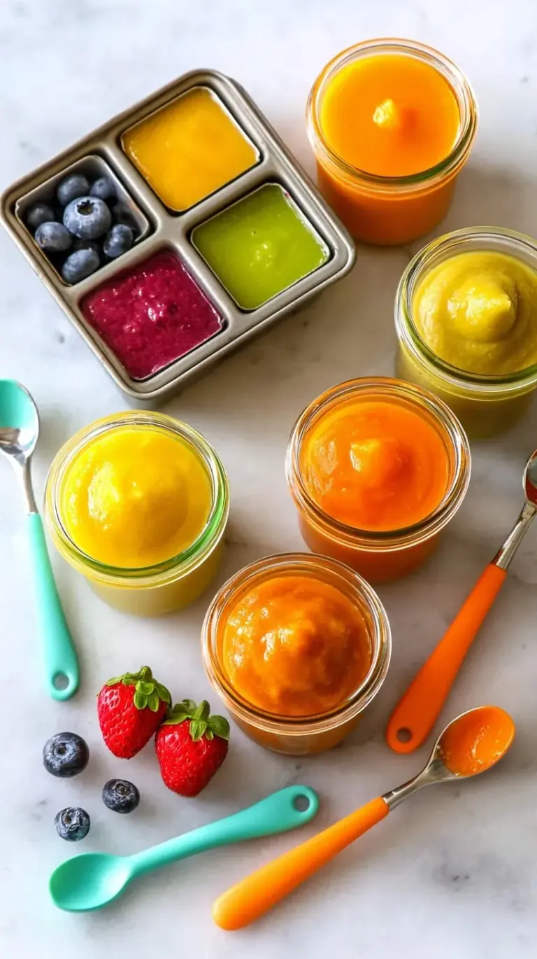 A collection of colorful glass jars filled with various vegetable and fruit baby purees.