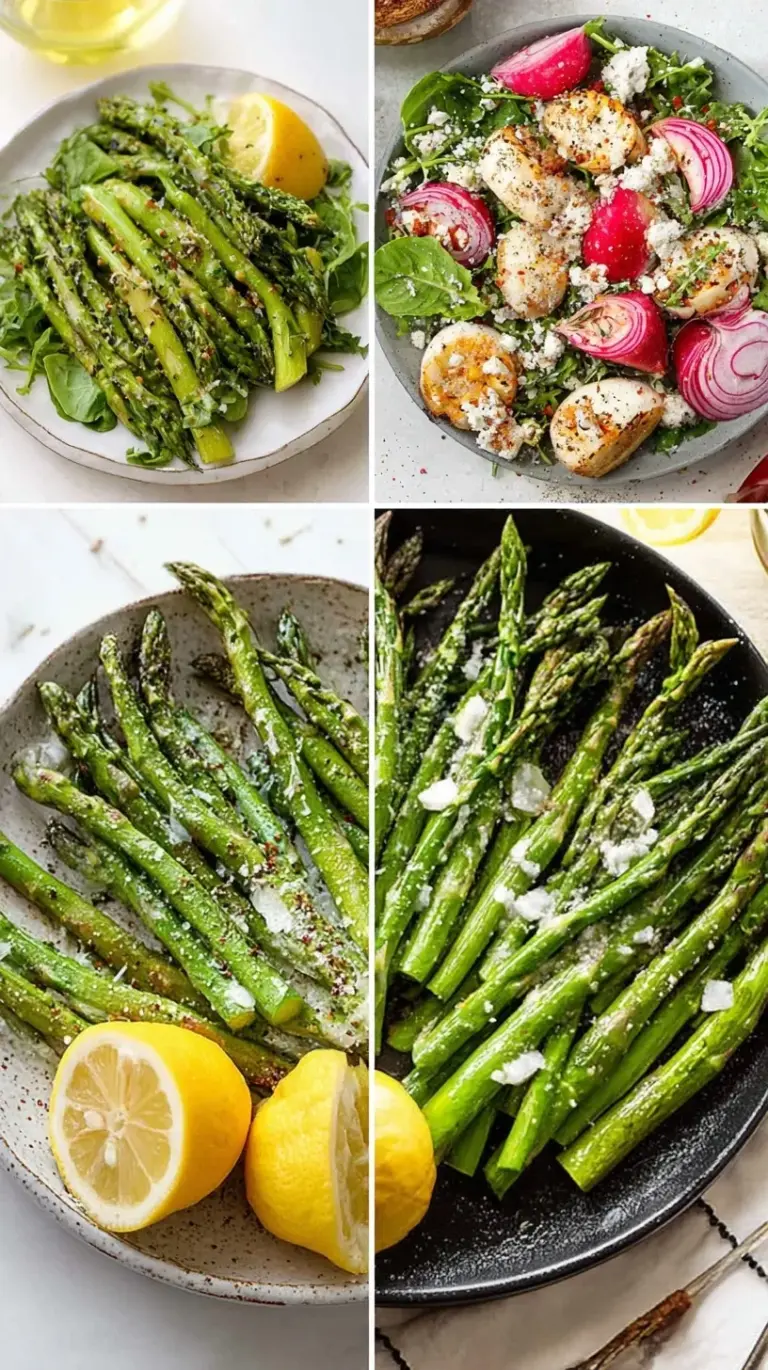 A vibrant spread of various healthy asparagus dishes including roasted spears, fresh salads, and pesto asparagus noodles.