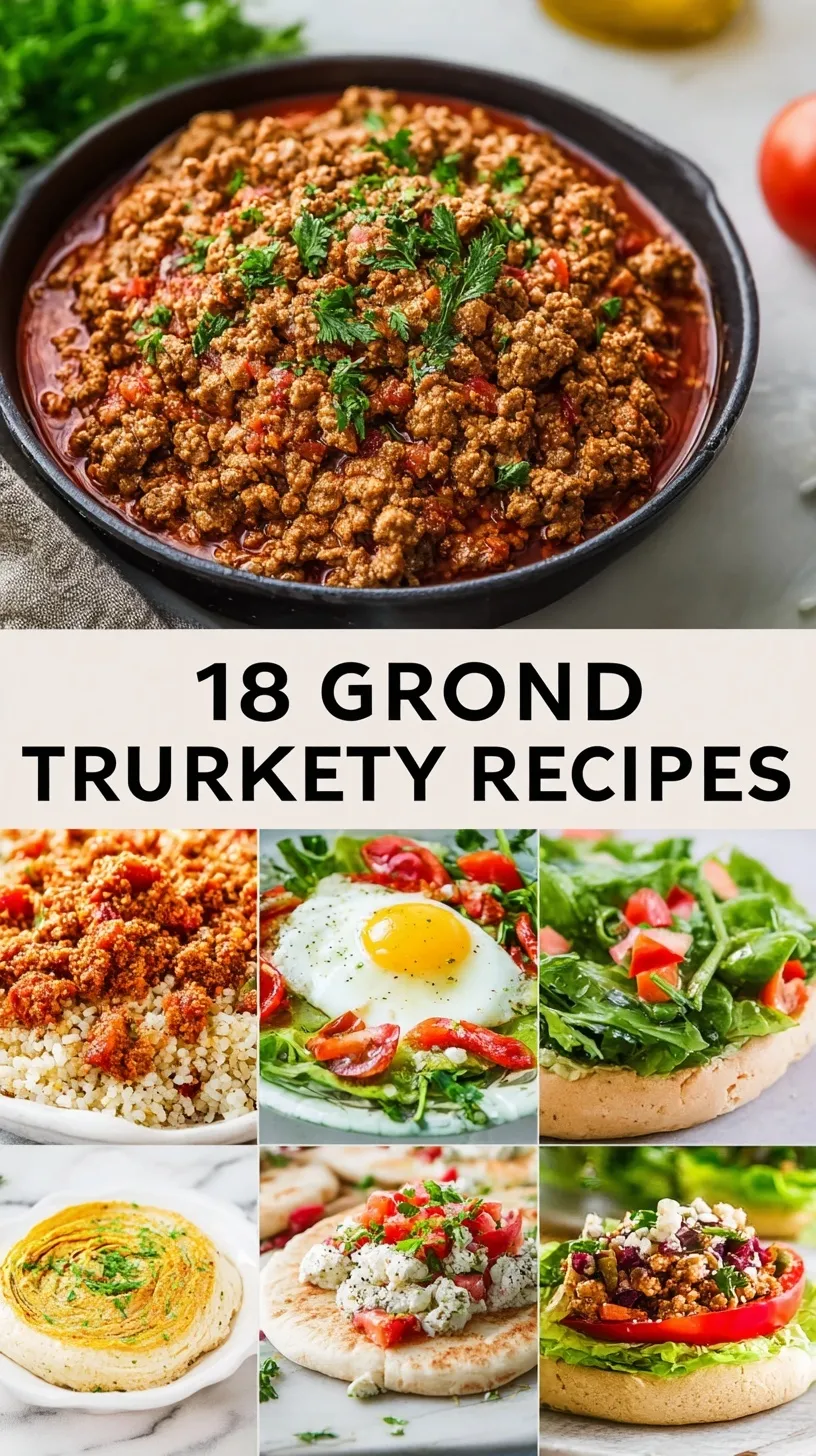 A variety of healthy ground turkey dishes including skillets, meatballs, and stuffed peppers laid out for meal prep.