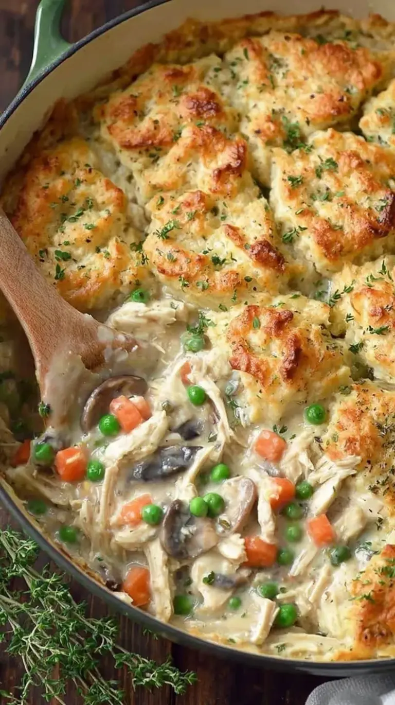A creamy skillet of crustless chicken pot pie with peas, carrots, and juicy chicken pieces