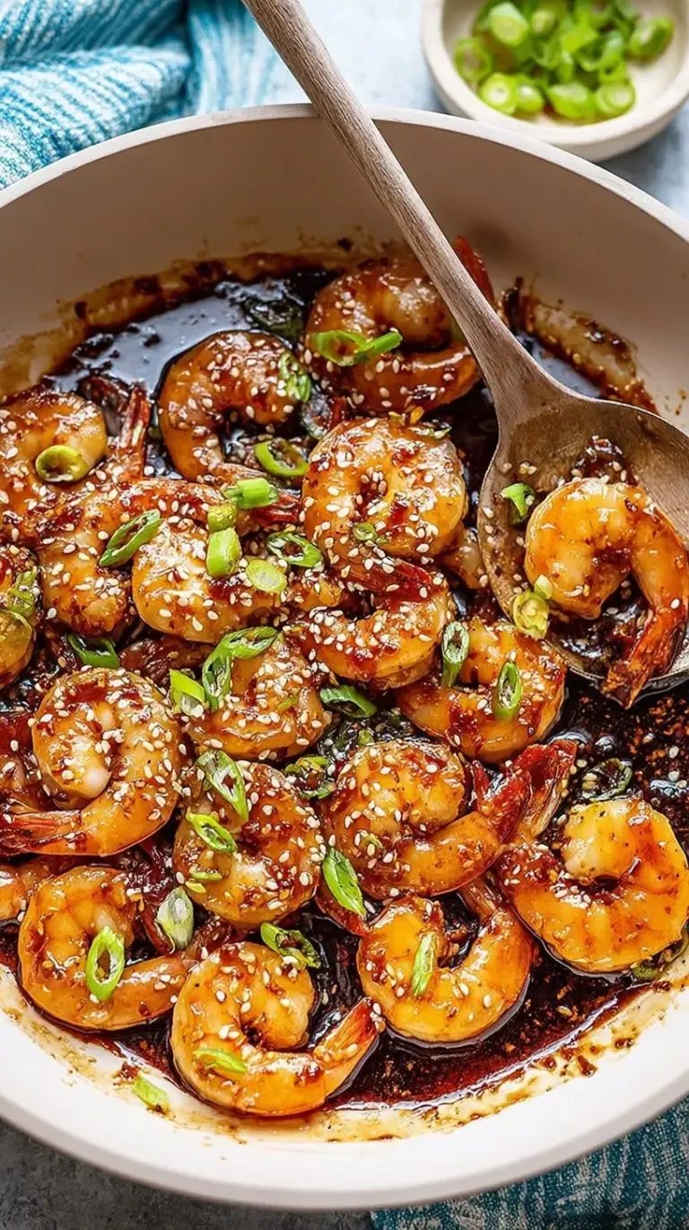 Glazed honey garlic shrimp in a skillet with green onions and sesame seeds