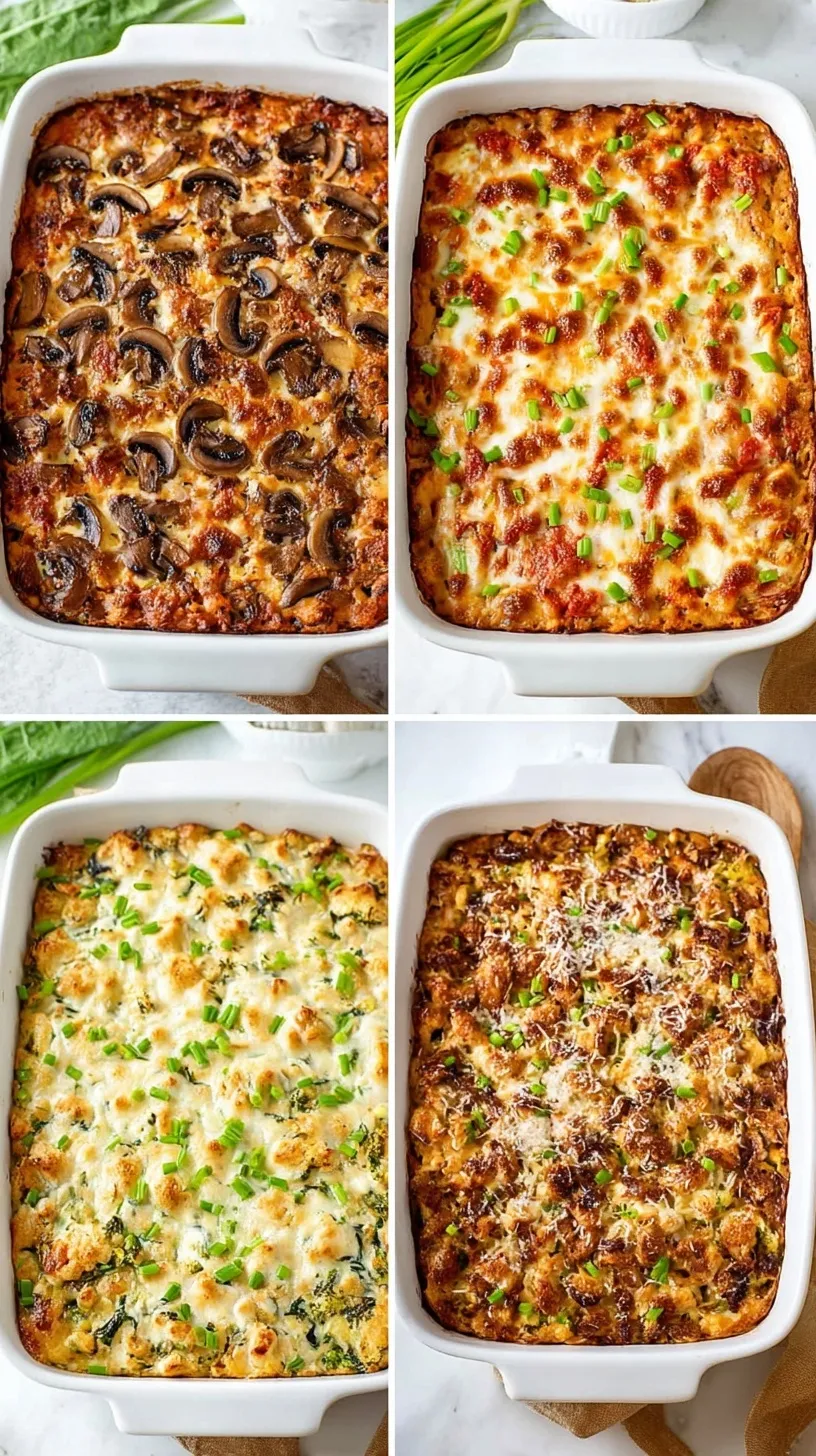 A vibrant, golden-brown healthy casserole with fresh vegetables and lean protein in a white baking dish.