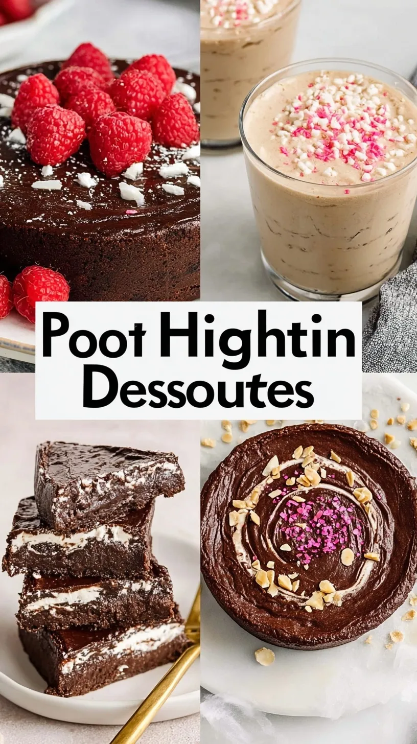 A collection of various high-protein desserts including cookies, bars, and chocolate puddings