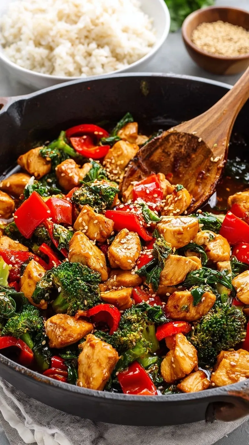 A vibrant stir-fry pan filled with Healthy Kung Pao Chicken, red bell peppers, zucchini, and peanuts.