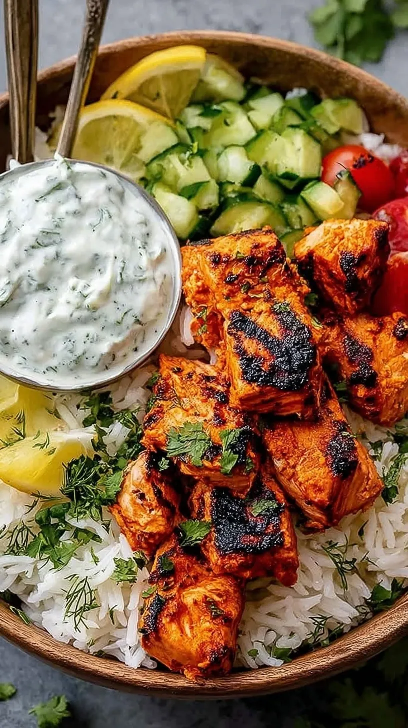 Close up of a Tandoori Salmon Rice Bowl with charred salmon cubes, fresh cucumber, and cilantro over basmati rice.