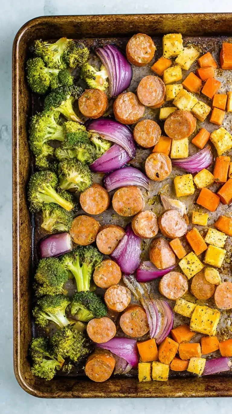 A variety of healthy sheet pan dinners featuring roasted chicken, salmon, and colorful vegetables on a baking sheet.