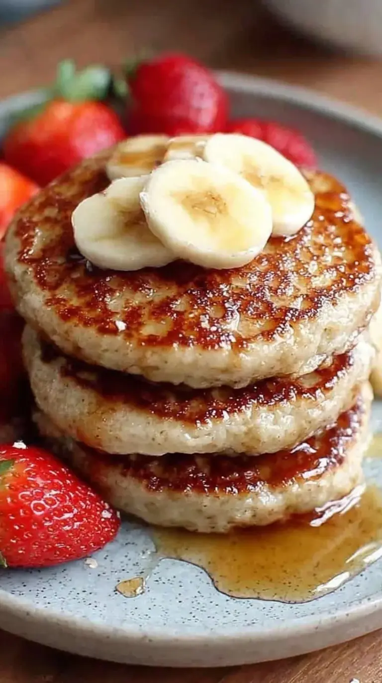Stack of golden brown banana oatmeal pancakes topped with fresh fruit
