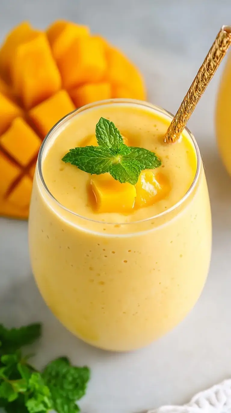 A creamy yellow mango smoothie in a chilled glass with a straw