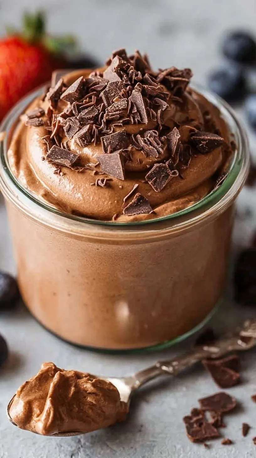 A bowl of thick and creamy chocolate protein pudding topped with fresh berries