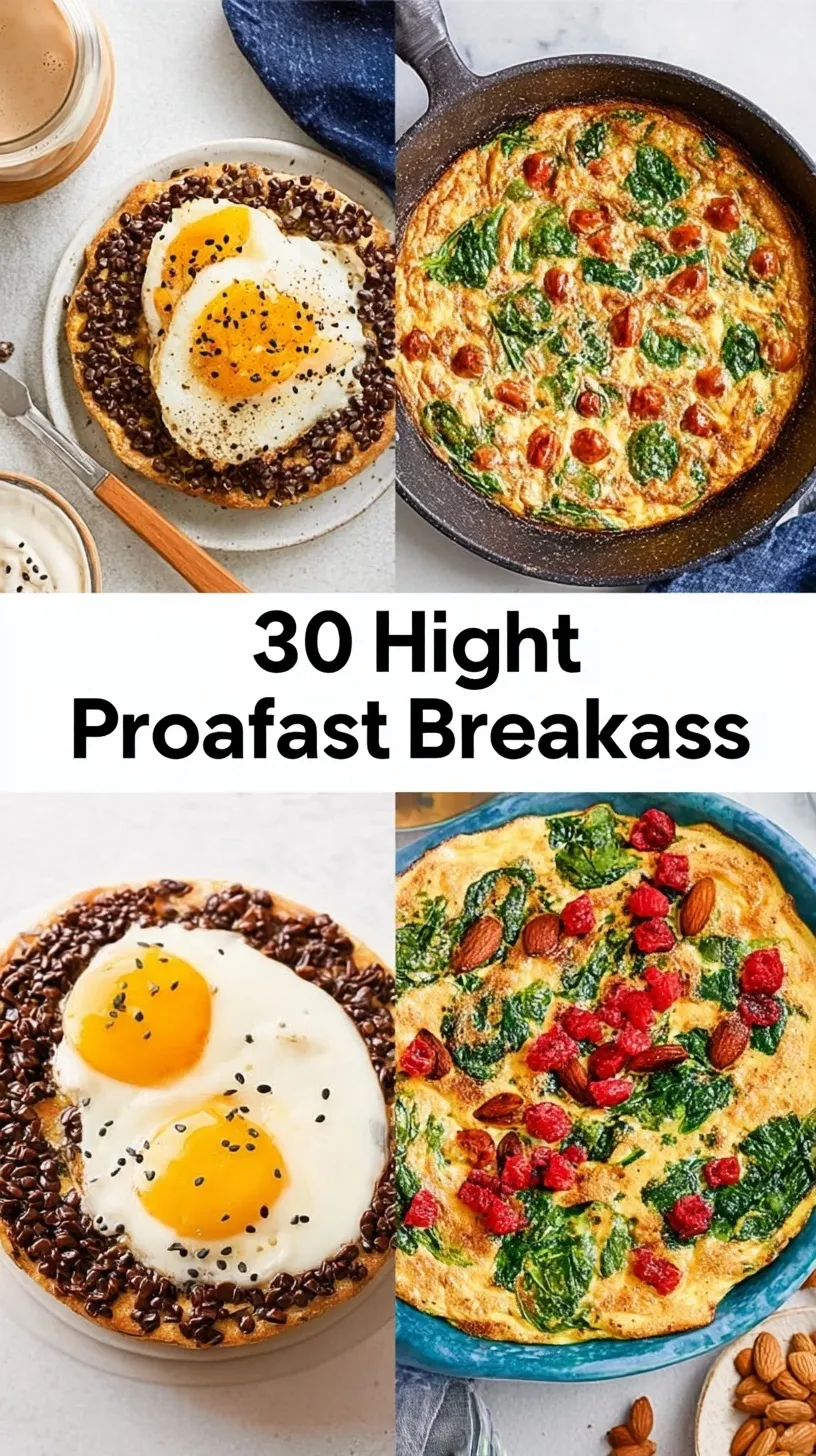 A spread of high-protein breakfast items including eggs, yogurt, and smoked salmon