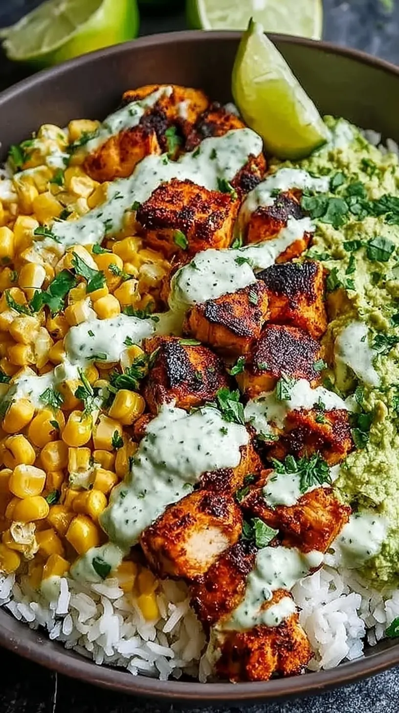 A vibrant Street Corn Chicken Rice Bowl topped with charred corn, cotija cheese, and fresh cilantro.