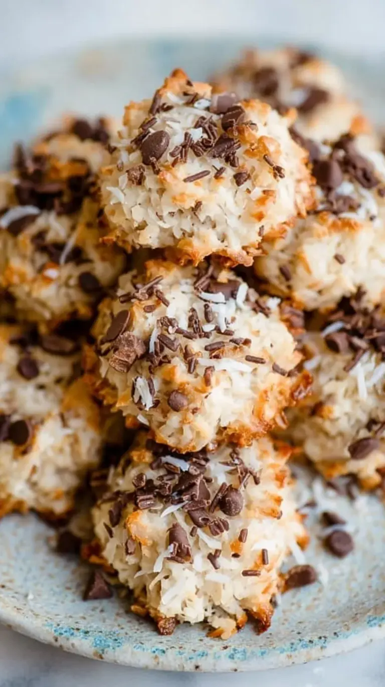Golden brown almond coconut cookies on a baking sheet with whole almonds in the center.