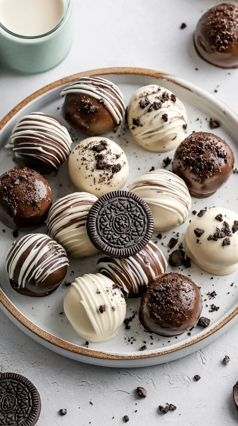 A platter of white chocolate covered Oreo balls drizzled with dark chocolate and cookie crumbs.