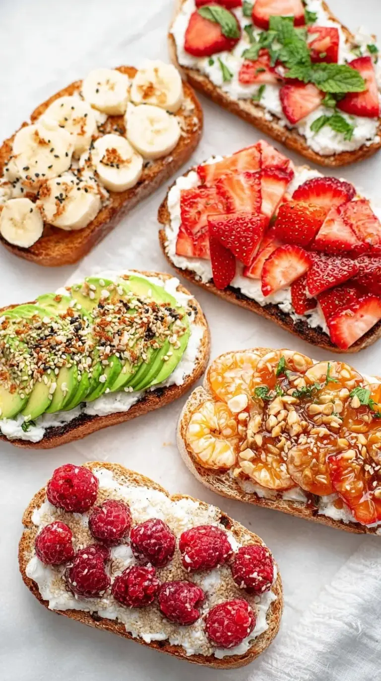 Six slices of toasted bread topped with cottage cheese and various colorful toppings like berries, avocado, and tomatoes