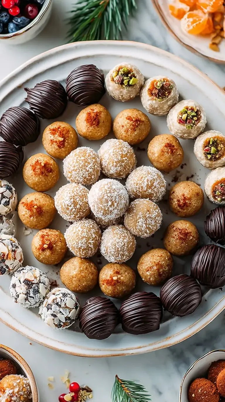 A tray of round Festive Protein Balls with dried cranberries and oats on parchment paper