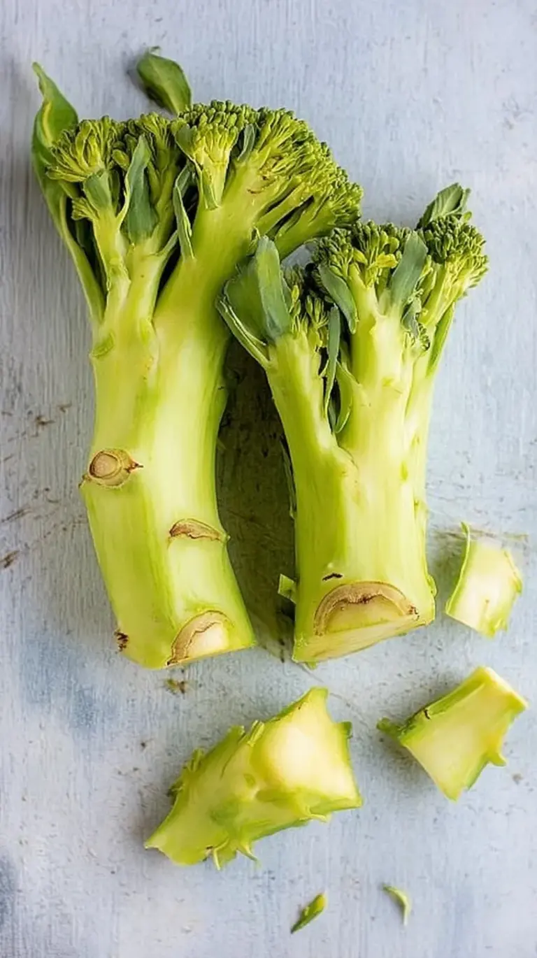 Close up of sliced and julienned broccoli stems on a wooden cutting board prepared for cooking.