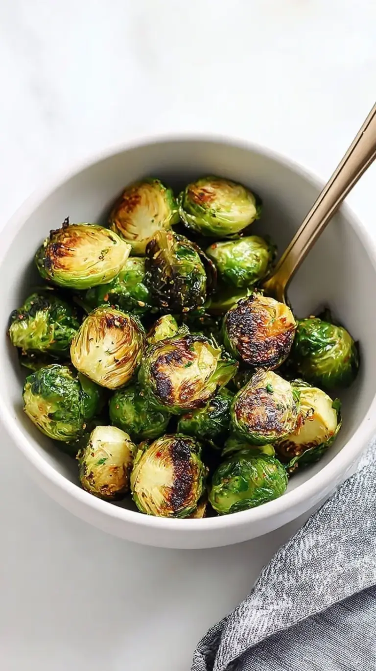 Crispy halved Brussels sprouts in an air fryer basket with a balsamic glaze drizzle
