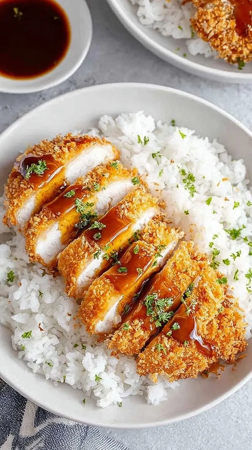 Golden brown sliced Air Fryer Chicken Katsu served on a white plate with cabbage.