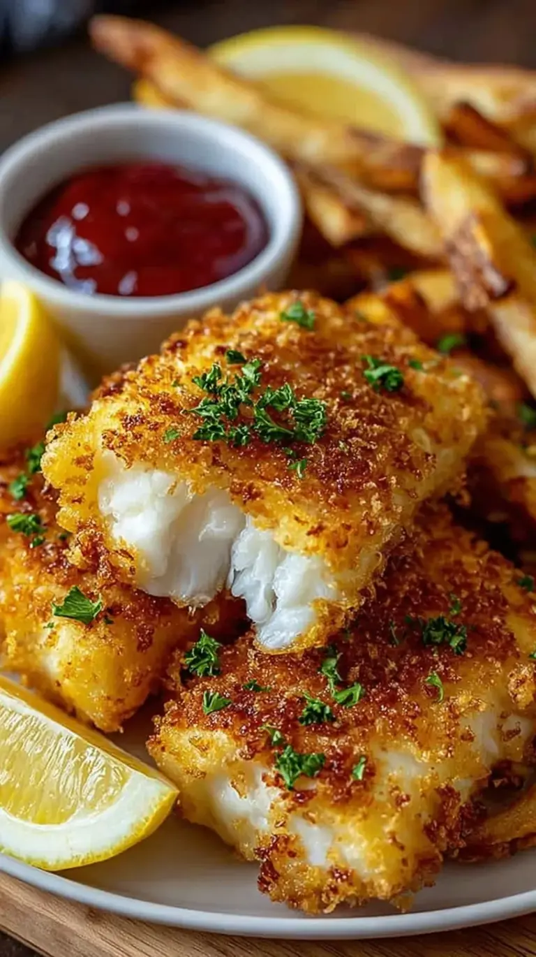 Golden brown panko-crusted fish fillets with crispy potato wedges and a lemon wedge on a plate
