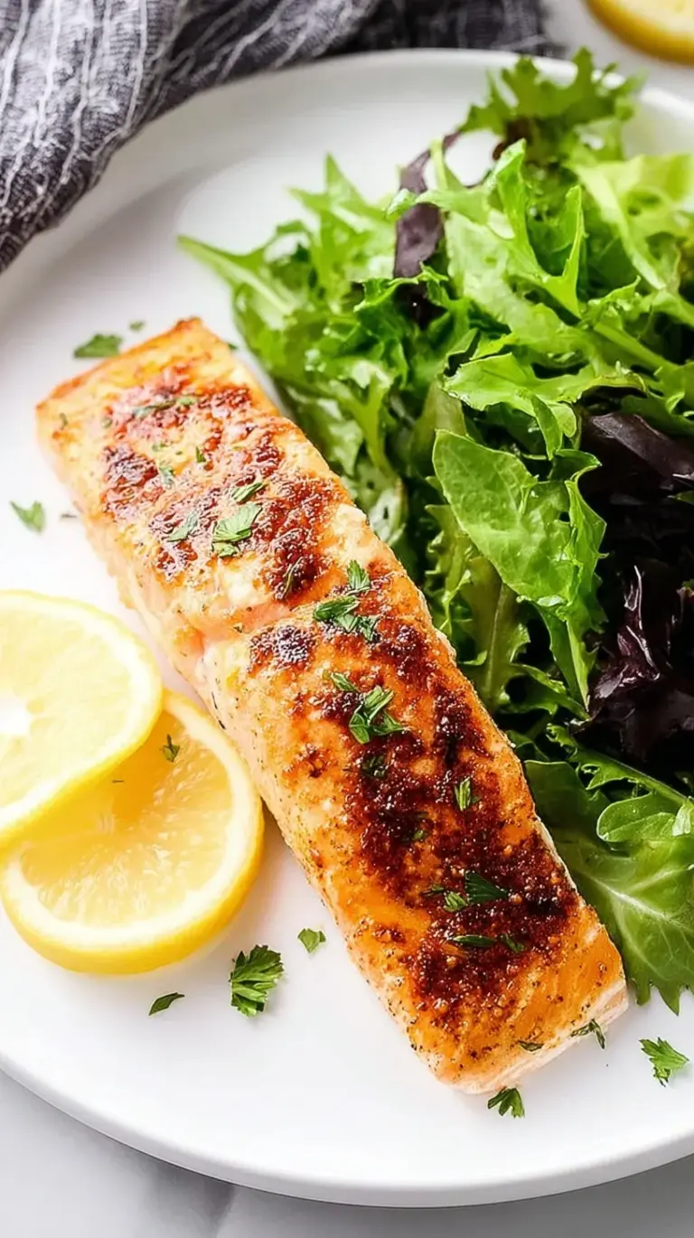Crispy air fryer salmon fillets seasoned with smoked paprika and served with lemon wedges on a plate.