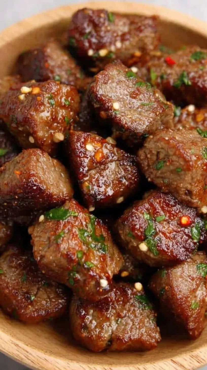 Juicy air fryer steak bites drizzled with garlic butter and fresh parsley in a bowl