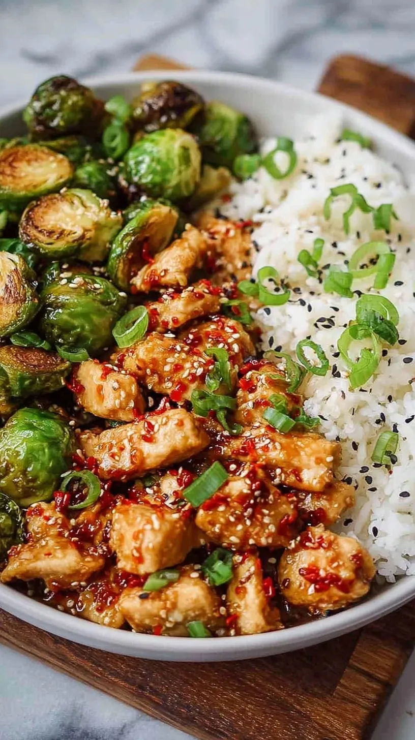 Crispy air fryer sweet chili chicken cubes and charred Brussels sprouts in a bowl with sesame seeds