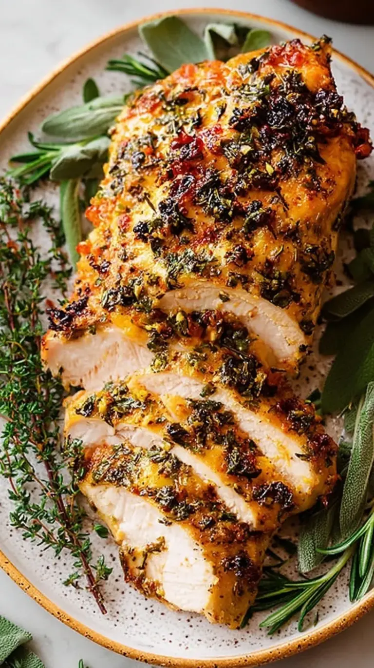 Golden brown Air Fryer Turkey Breast sliced on a wooden board with fresh herbs.
