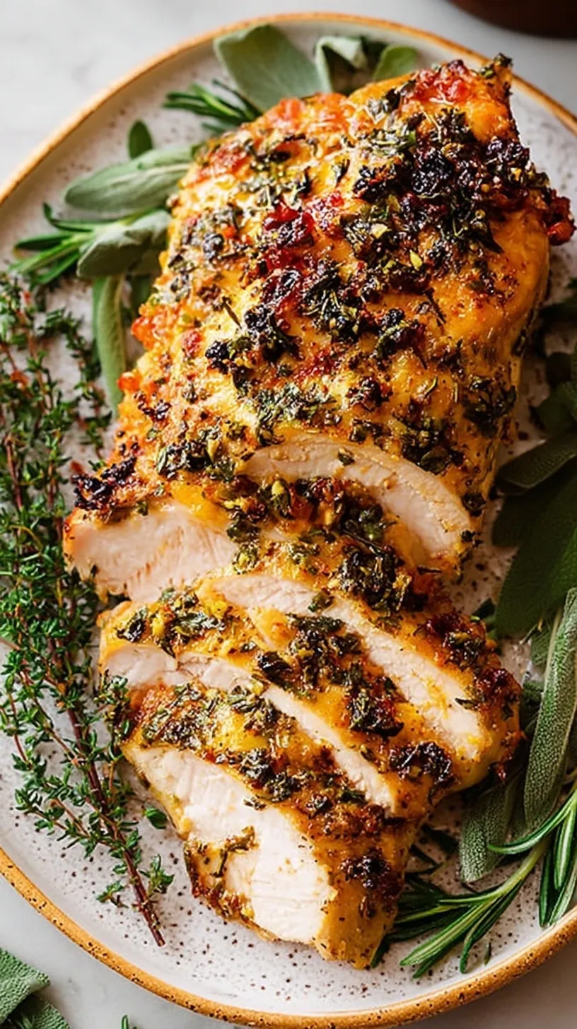 Golden brown Air Fryer Turkey Breast sliced on a wooden board with fresh herbs.