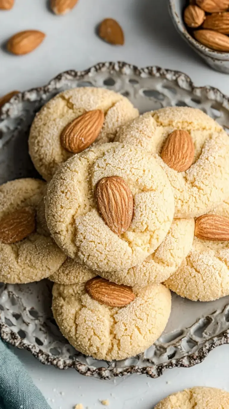 A close-up shot of golden brown traditional almond cookies topped with whole blanched almonds on a wire cooling rack.