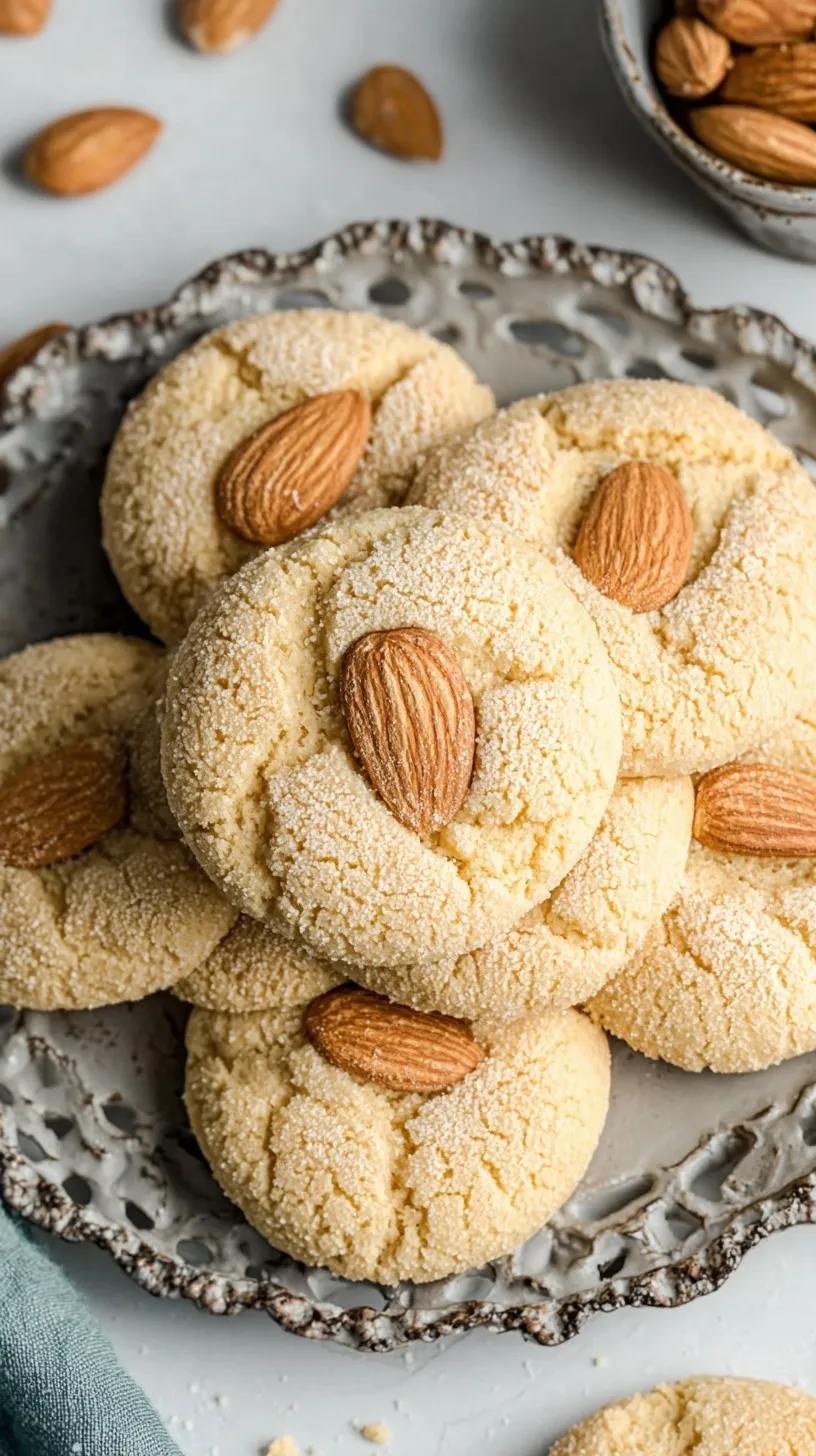 A close-up shot of golden brown traditional almond cookies topped with whole blanched almonds on a wire cooling rack.