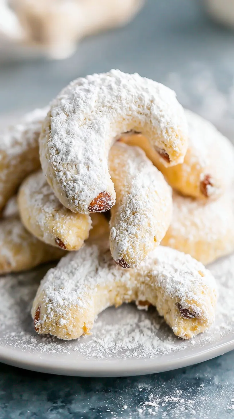 A tray of snowy Almond Crescent Cookies dusted in powdered sugar