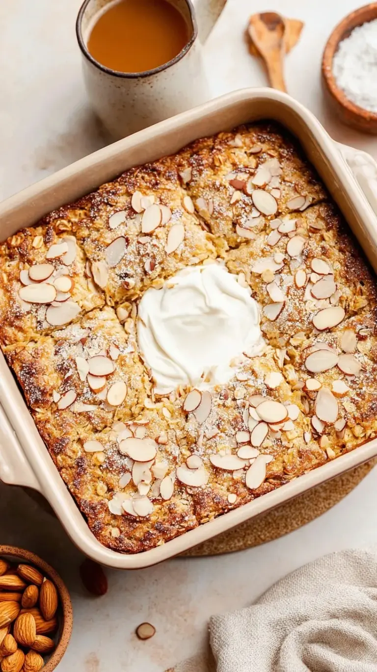Golden brown almond croissant baked oatmeal topped with sliced almonds and a dusting of powdered sugar