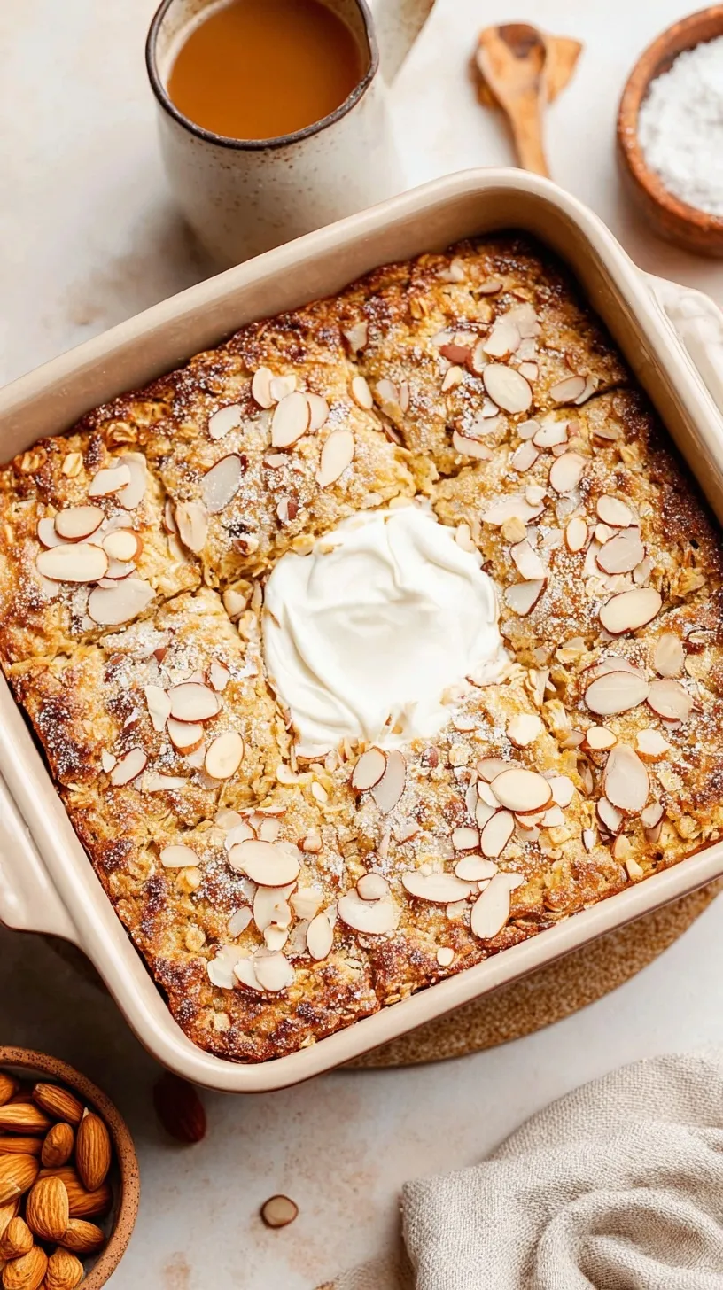 Golden brown almond croissant baked oatmeal topped with sliced almonds and a dusting of powdered sugar