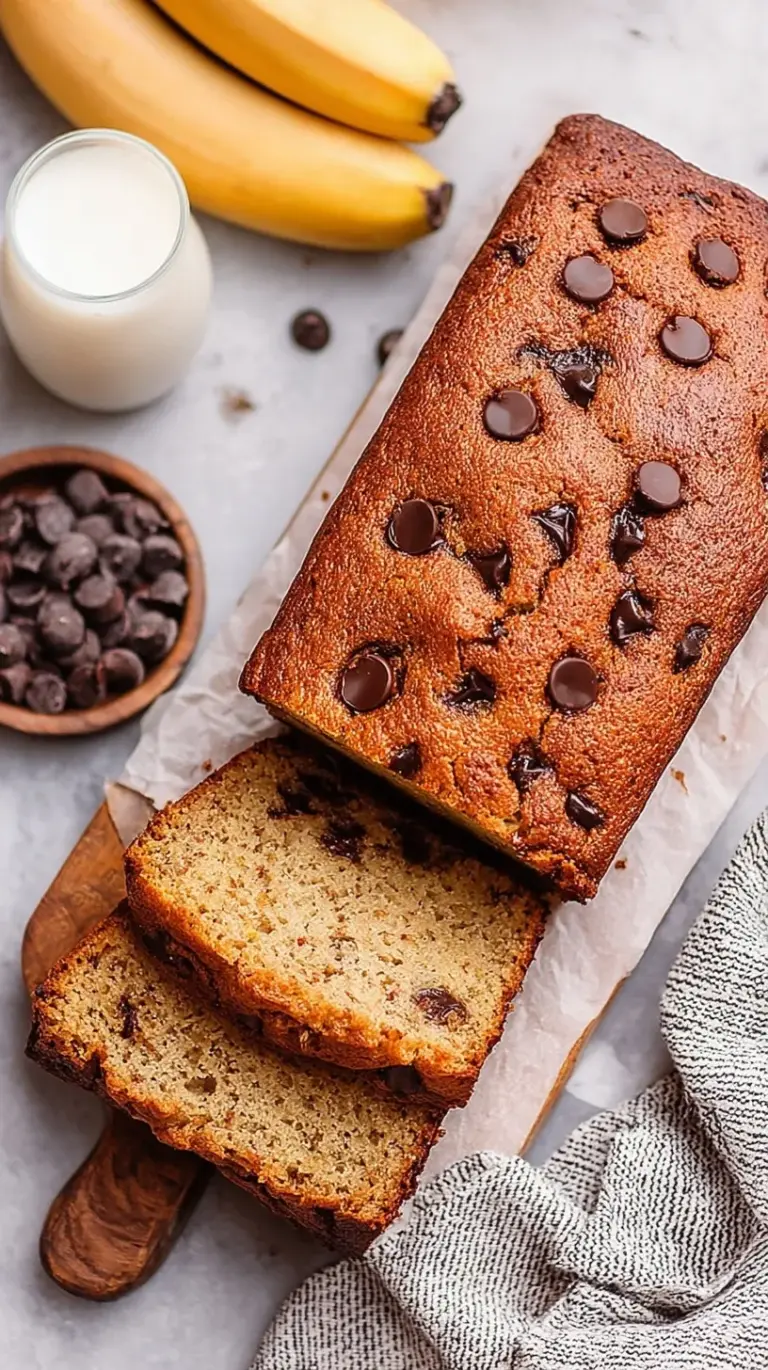 A golden brown loaf of almond flour banana bread sliced on a wooden board