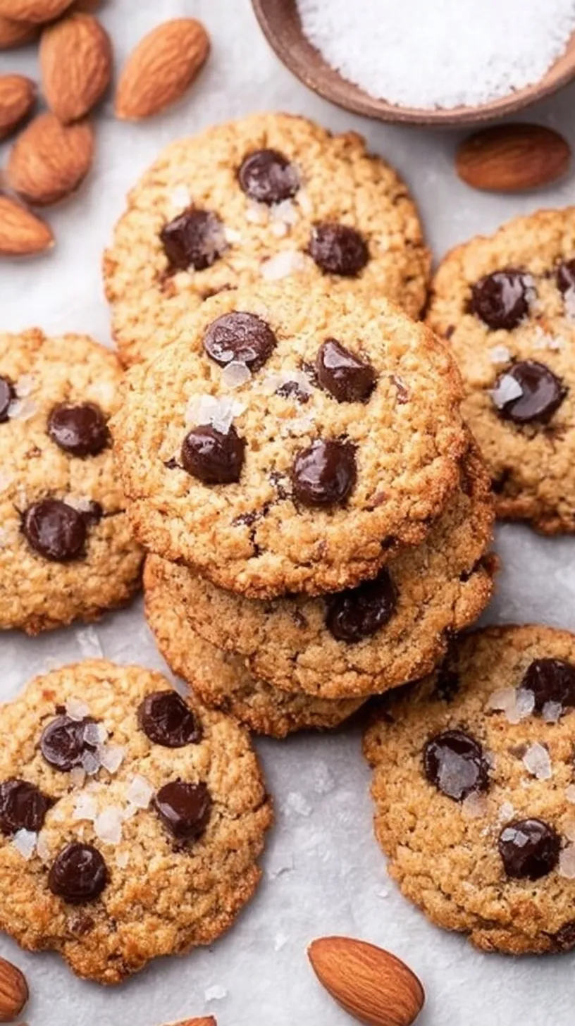 Warm almond flour chocolate chip cookies on a parchment-lined baking sheet with melted chocolate chips.