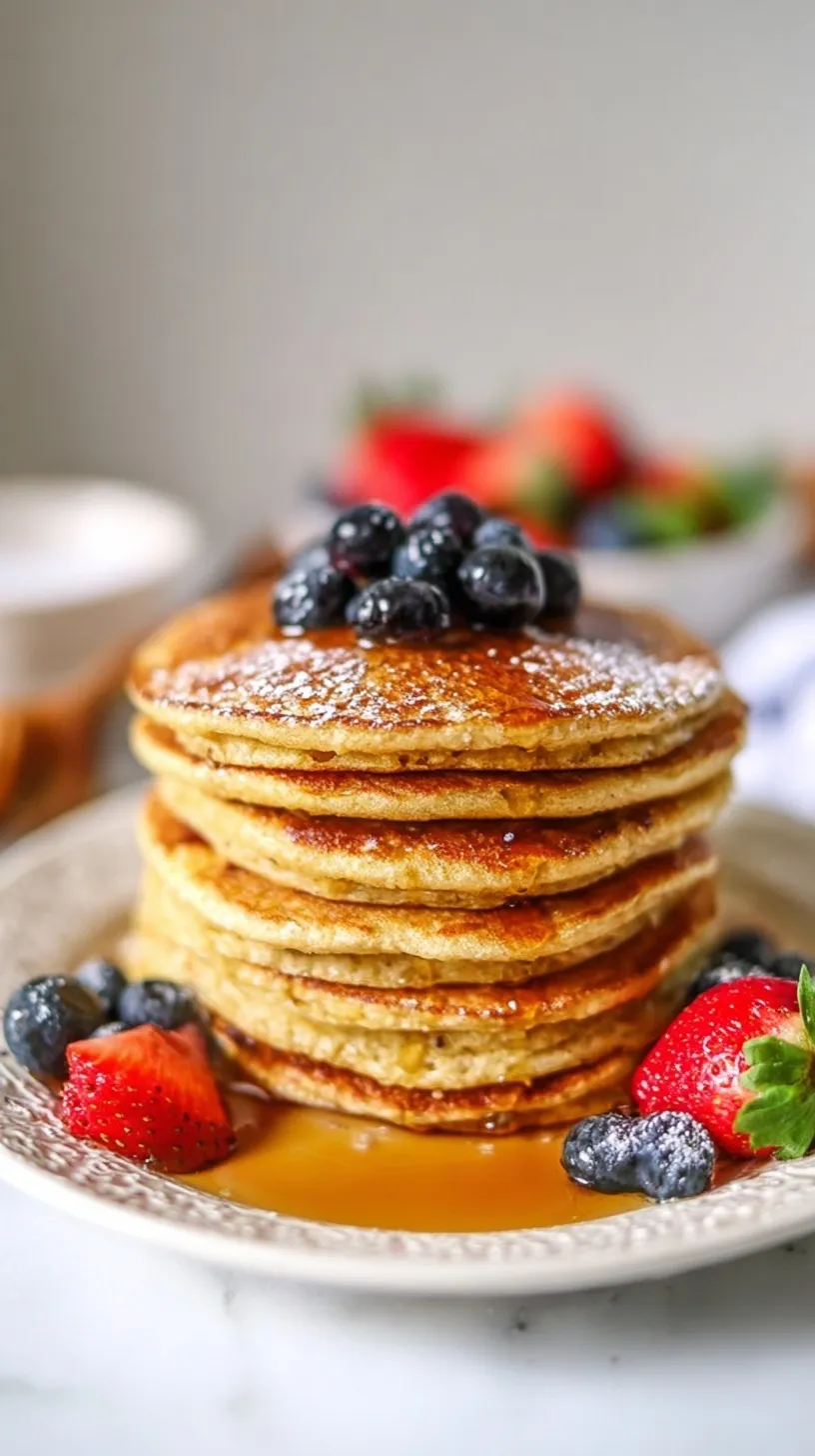 A stack of fluffy golden almond flour pancakes topped with fresh berries and maple syrup