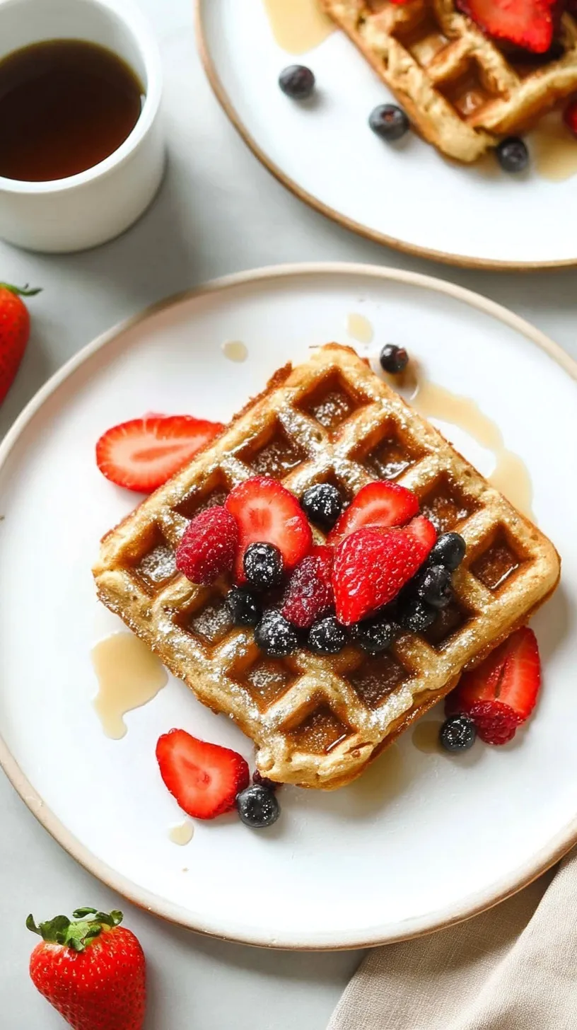 Stack of golden brown almond flour waffles topped with fresh berries and syrup
