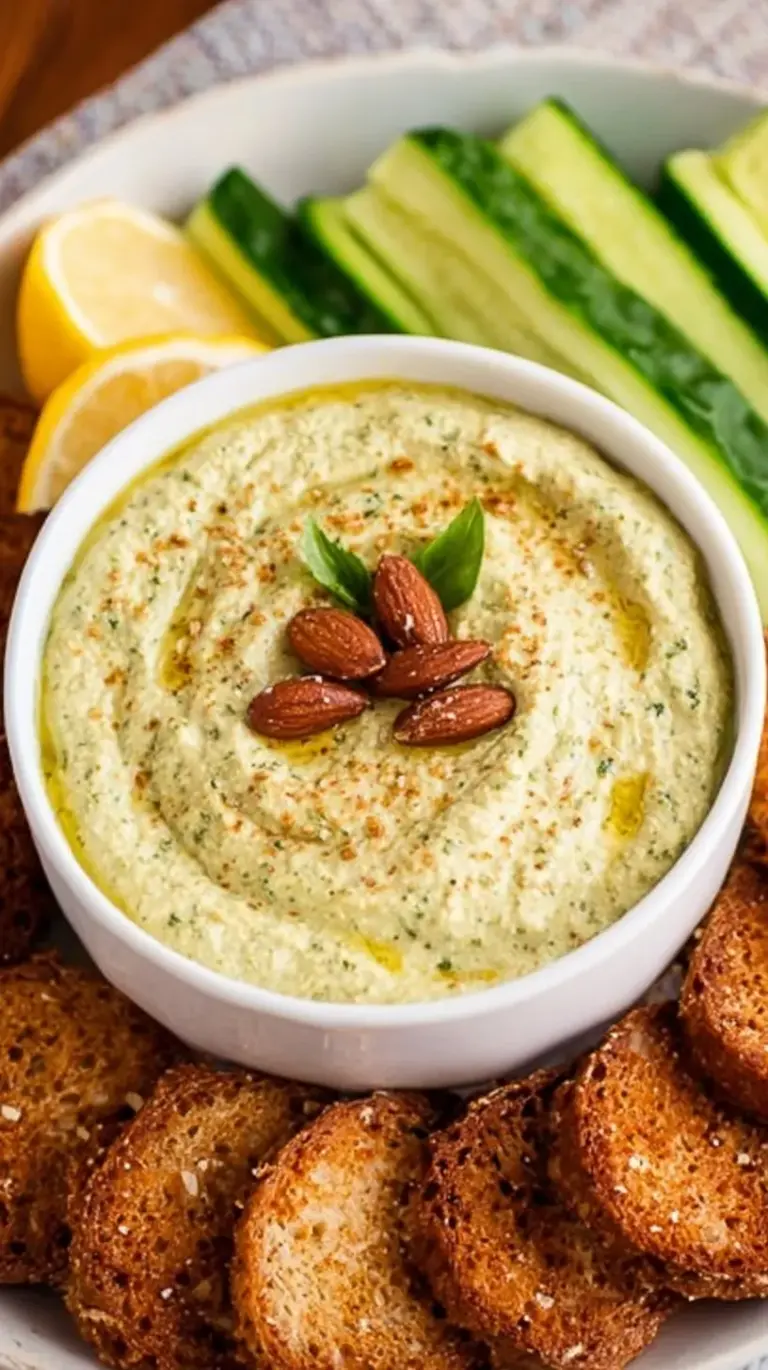 Fresh green almond pesto in a bowl with toasted almonds and basil leaves
