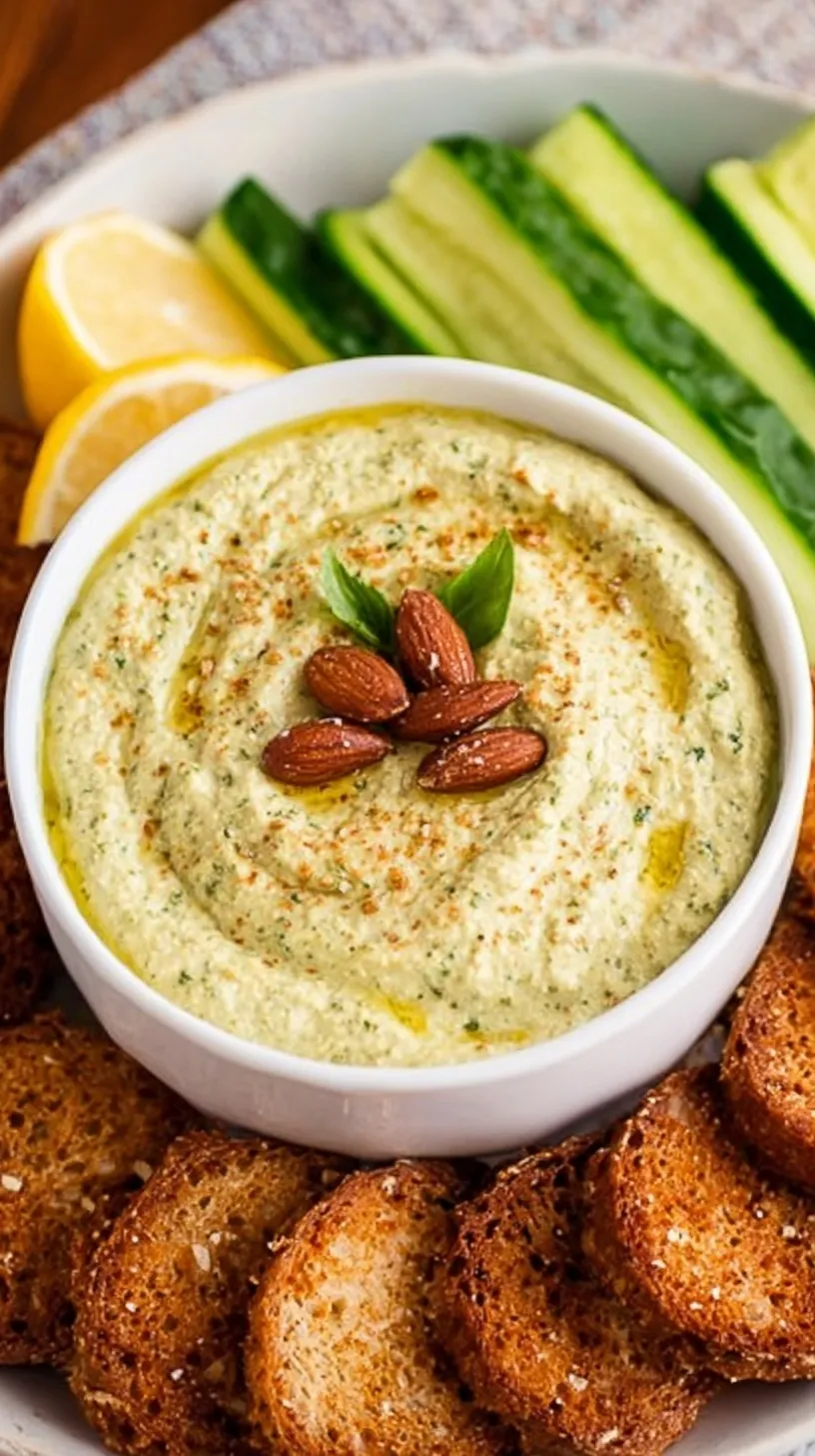 Fresh green almond pesto in a bowl with toasted almonds and basil leaves