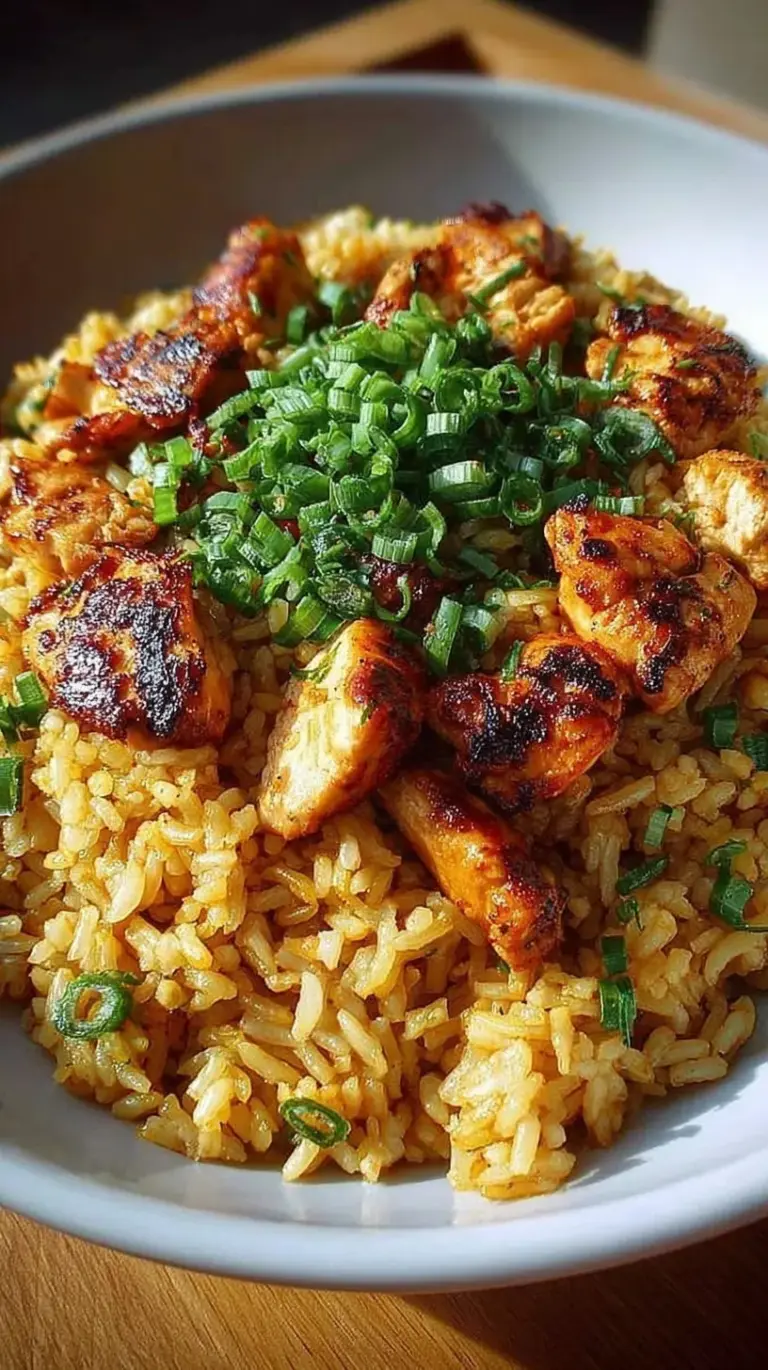A steaming bowl of High Protein Garlic Chicken Rice topped with fresh parsley