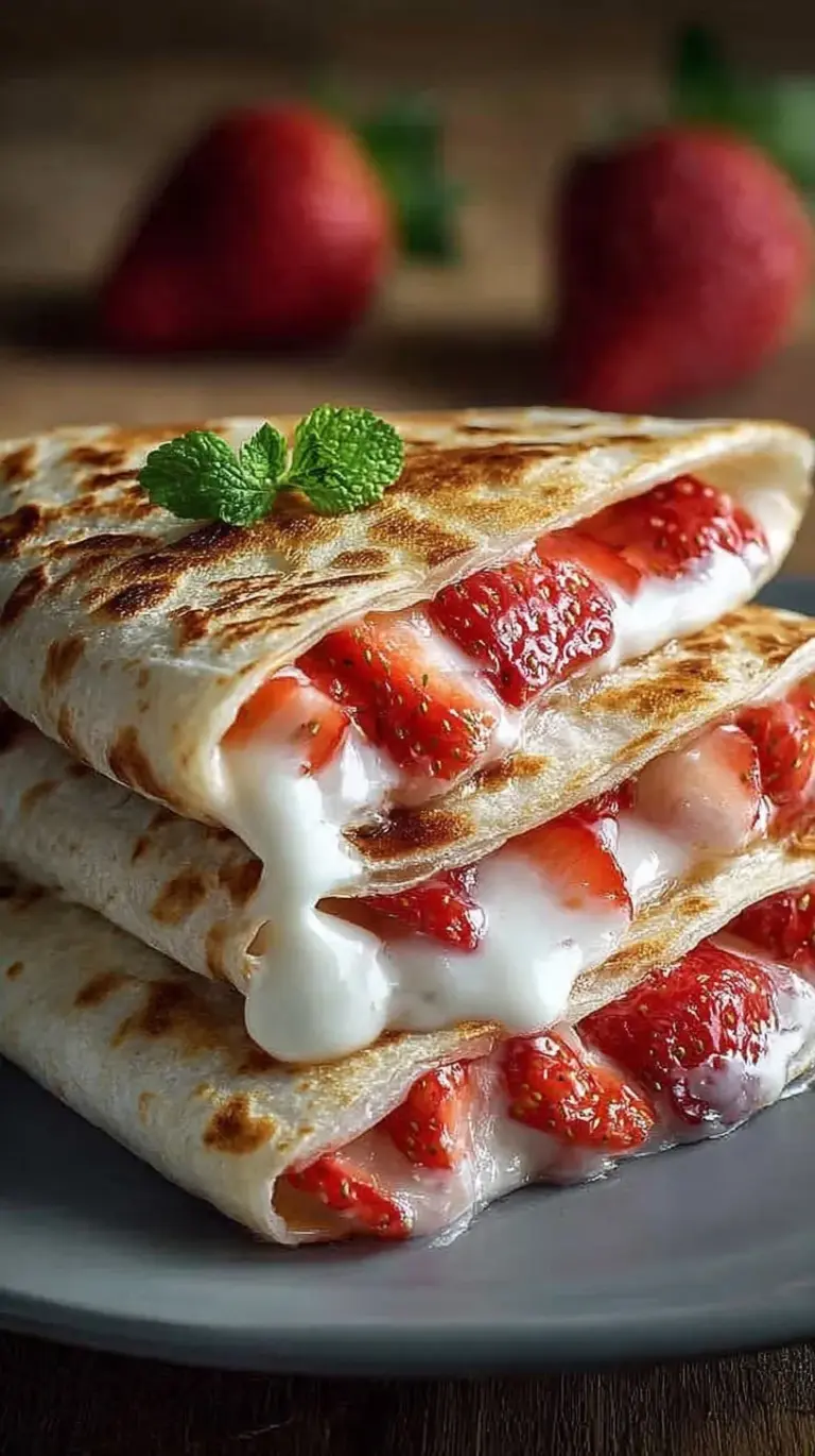 Golden brown crispy quesadillas filled with melted cream cheese and fresh sliced strawberries