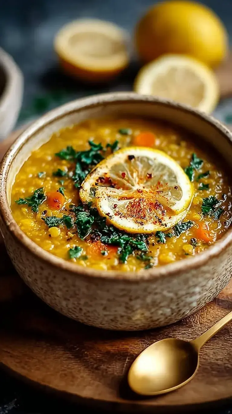 A vibrant bowl of golden lemon lentil soup topped with fresh spinach and lemon zest.