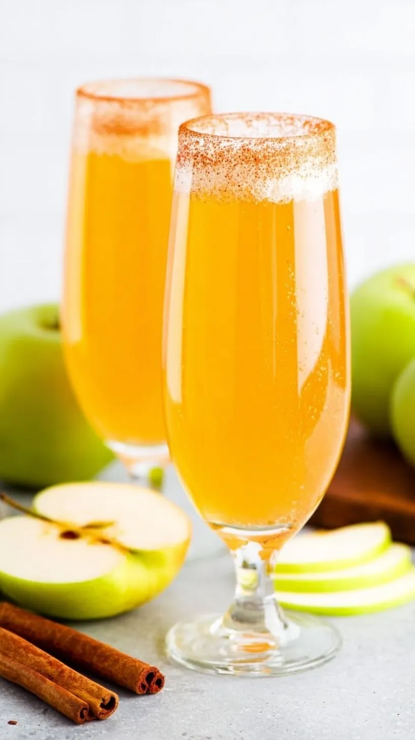 Four champagne flutes filled with golden apple cider mimosa and topped with apple slices and cinnamon sticks