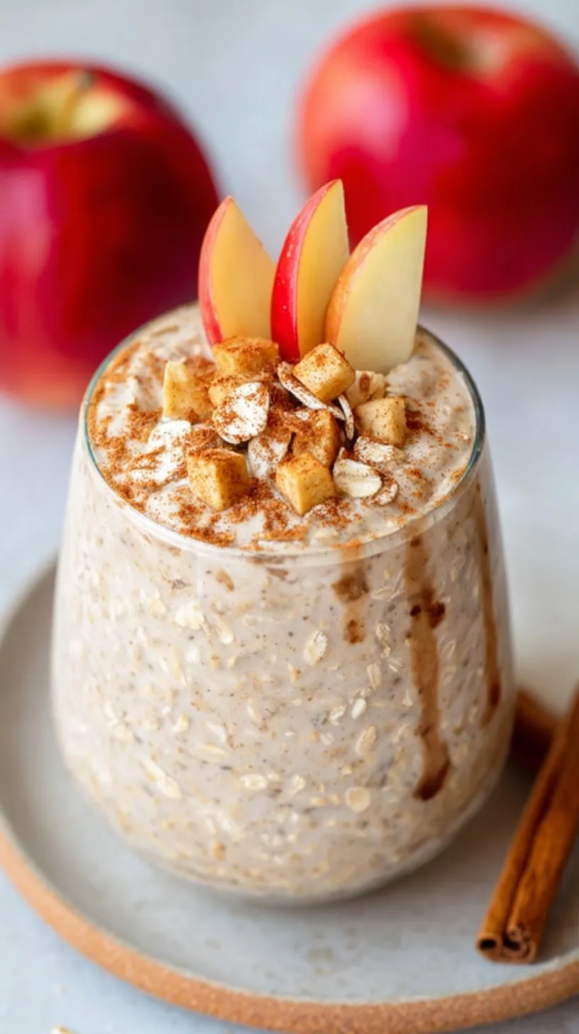 A glass jar filled with creamy apple cinnamon overnight oats topped with dried apples and cinnamon.