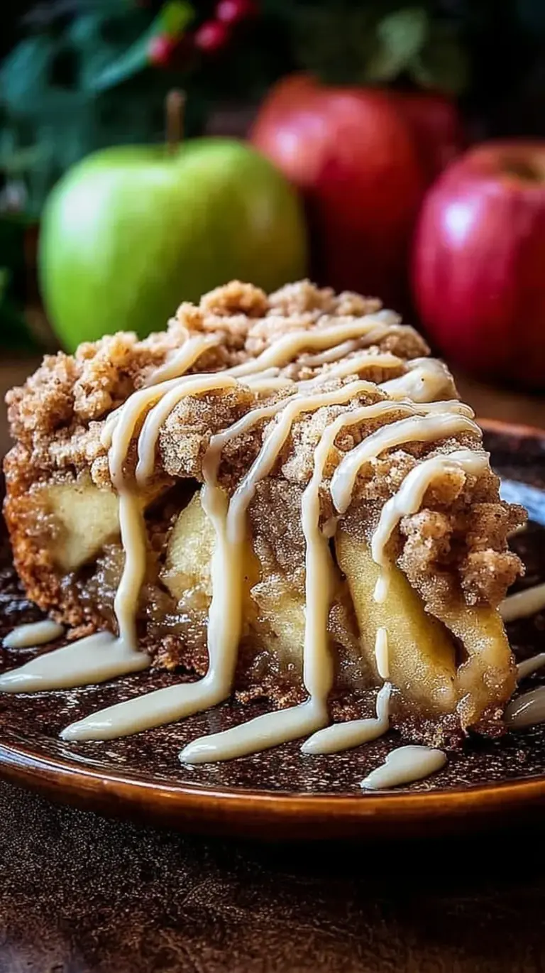 Slice of Apple Crumb Cake with thick streusel and cinnamon drizzle on a plate