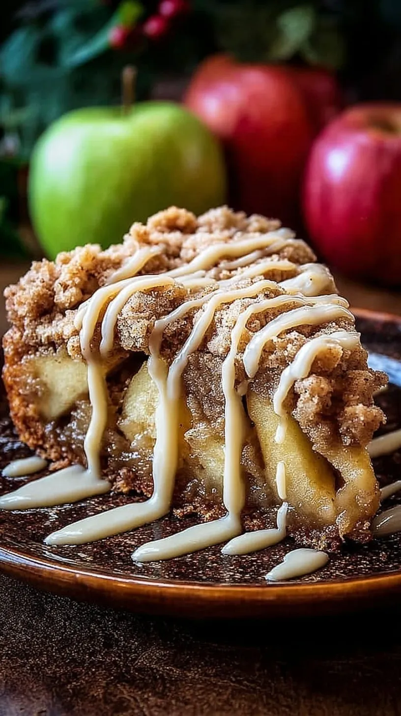 Slice of Apple Crumb Cake with thick streusel and cinnamon drizzle on a plate