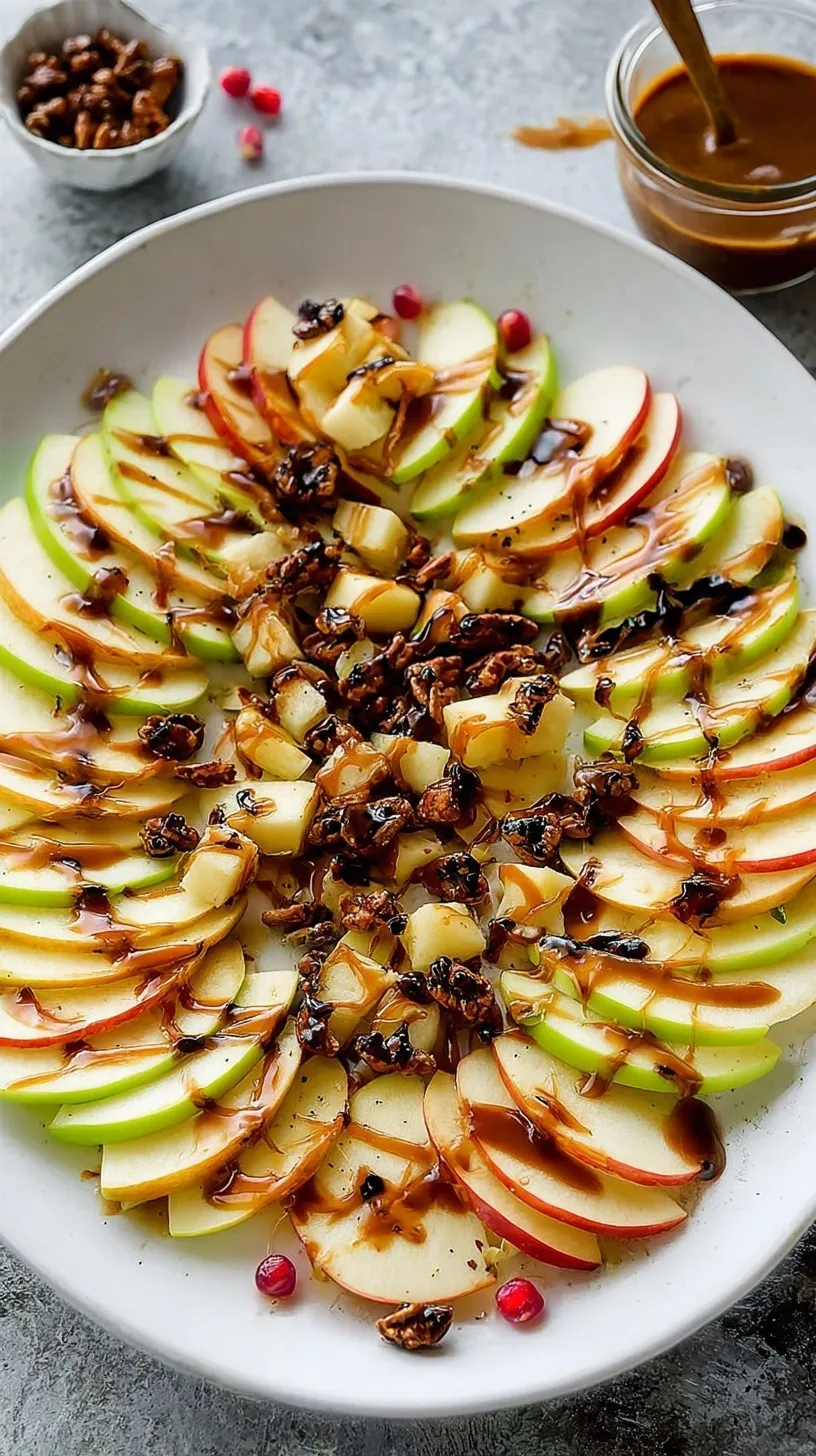 A large platter of sliced green and red apples drizzled with thick date caramel and topped with almonds and chocolate chips.