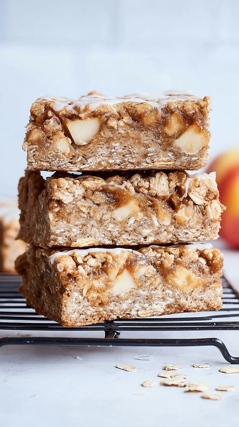 A stack of golden brown apple oatmeal bars with a visible cinnamon apple filling.