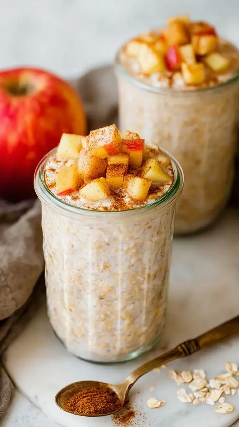 A glass jar filled with creamy apple pie overnight oats topped with fresh diced apples and a dash of cinnamon