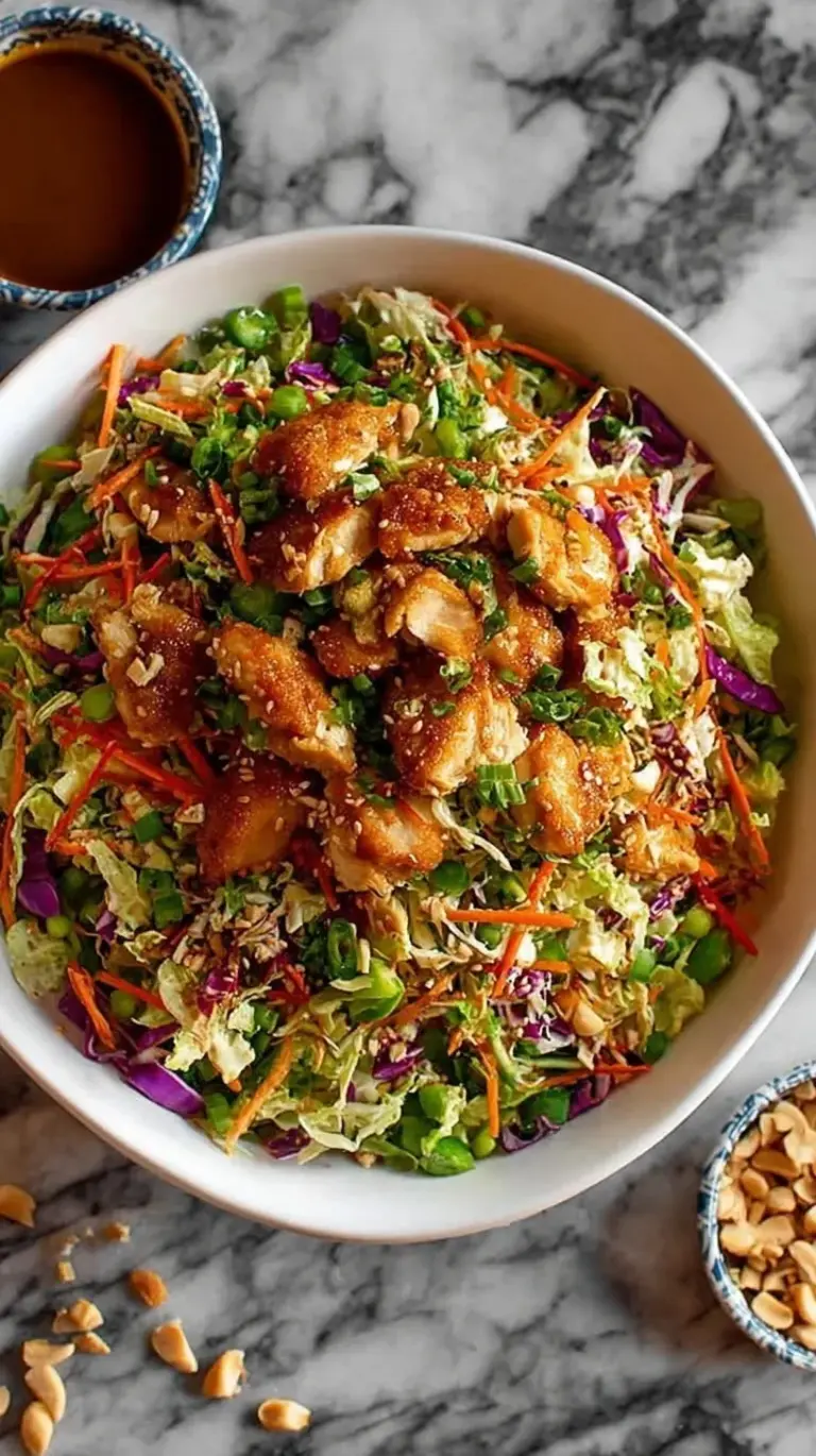 Large bowl of colorful Asian Chicken Crunch Salad with shredded cabbage, carrots, and wonton strips